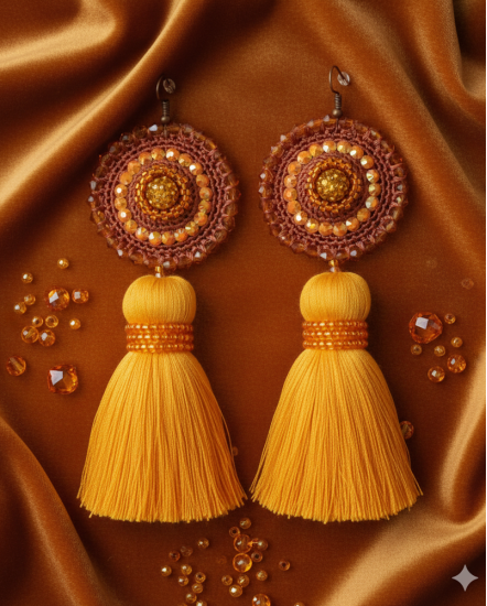 Háčkované  dizajnové náušnice "Karamelový smiech"